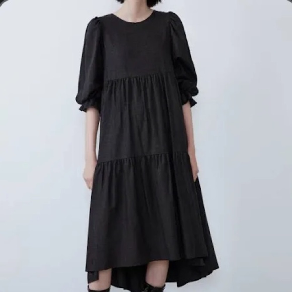 NWT ZARA tiered Charcoal Long Sleeve midi  Dress size small